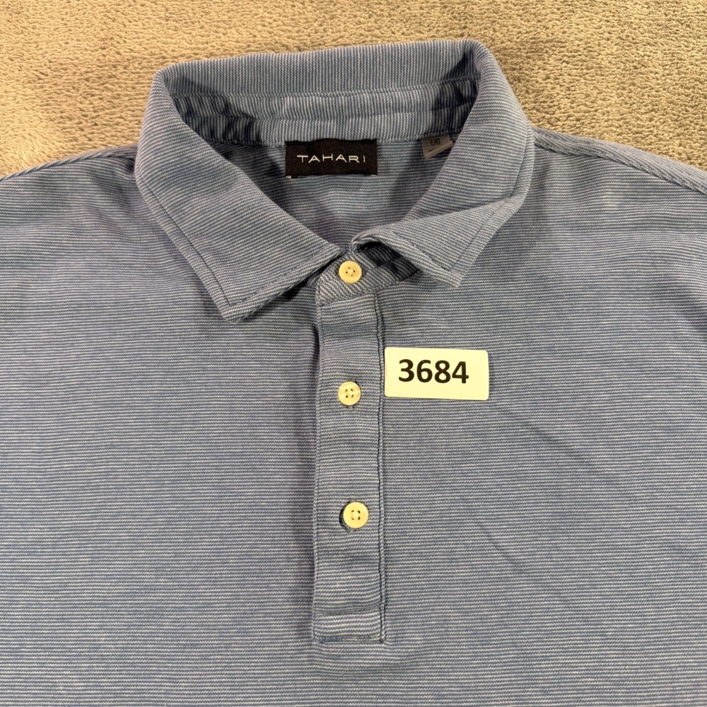 Tahari Polo Shirt Mens Large L Blue Striped Short Sleeve Cotton Casual